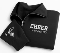 Cheer Mom Embroidered Quarter Zip Sweatshirt, Custom Sleeve Name Pullover, Mama Cozy Pullover, Cheer Competition Wear, Gift for Mom