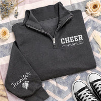 Cheer Mom Embroidered Quarter Zip Sweatshirt, Custom Sleeve Name Pullover, Mama Cozy Pullover, Cheer Competition Wear, Gift for Mom