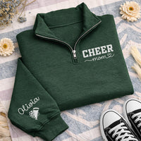 Cheer Mom Embroidered Quarter Zip Sweatshirt, Custom Sleeve Name Pullover, Mama Cozy Pullover, Cheer Competition Wear, Gift for Mom