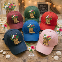 Cowboy Boots and Flowers Embroidered Hat, Western Floral Cowgirl Cap, Soft Chino Twill Cap, Western Country Cowgirl Gift, Gift for Her
