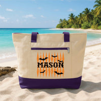 Personalized Halloween Tote Bag with Zipper, Custom Kids Name Canvas Bag, Trick or Treat Candy, Seasonal Zipper Tote, Halloween Gift