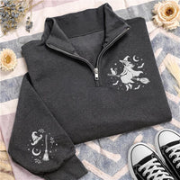 Halloween Witches Embroidered Quarter Zip Sweatshirt, Gothic Fall Witch Pullover Sweater, Halloween Party Layer, Spooky Halloween Gift