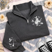 Halloween Witches Embroidered Quarter Zip Sweatshirt, Gothic Fall Witch Pullover Sweater, Halloween Party Layer, Spooky Halloween Gift