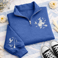 Halloween Witches Embroidered Quarter Zip Sweatshirt, Gothic Fall Witch Pullover Sweater, Halloween Party Layer, Spooky Halloween Gift