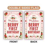 Personalized Berry First Birthday Garden Flag, 12x18 Double Sided Outdoor Decor, Floral Garden Flag, Strawberry Party Decor, Family Gift