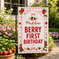 Personalized Berry First Birthday Garden Flag, 12x18 Double Sided Outdoor Decor, Floral Garden Flag, Strawberry Party Decor, Family Gift