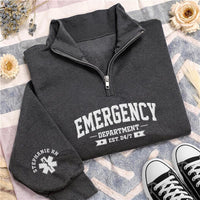 Emergency Department Embroidered Quarter Zip Sweatshirt, Personalized Name Sleeve, ER Nurse Gift, Hospital Shift Pullover, Gift for RN