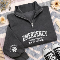 Emergency Department Embroidered Quarter Zip Sweatshirt, Personalized Name Sleeve, ER Nurse Gift, Hospital Shift Pullover, Gift for RN