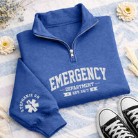 Emergency Department Embroidered Quarter Zip Sweatshirt, Personalized Name Sleeve, ER Nurse Gift, Hospital Shift Pullover, Gift for RN