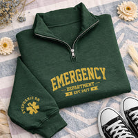 Emergency Department Embroidered Quarter Zip Sweatshirt, Personalized Name Sleeve, ER Nurse Gift, Hospital Shift Pullover, Gift for RN