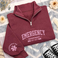 Emergency Department Embroidered Quarter Zip Sweatshirt, Personalized Name Sleeve, ER Nurse Gift, Hospital Shift Pullover, Gift for RN