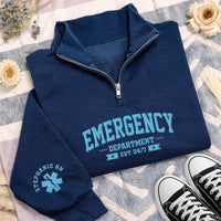 Emergency Department Embroidered Quarter Zip Sweatshirt, Personalized Name Sleeve, ER Nurse Gift, Hospital Shift Pullover, Gift for RN