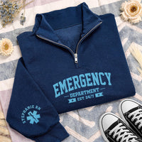 Emergency Department Embroidered Quarter Zip Sweatshirt, Personalized Name Sleeve, ER Nurse Gift, Hospital Shift Pullover, Gift for RN