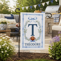 Personalized Football Garden Flag, 12x18 Double Sided Porch Decor, Game Day Yard Flag, Blue Chinoiserie Bamboo Frame, Football Fan Gift