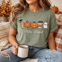 Personalized Halloween Teacher Shirt, Custom Name Fall Tee, Cute Ghost Coffee Pumpkin Shirt, Spooky Classroom Outfit, Gift for Teacher