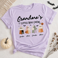 Personalized Grandma Halloween Shirt, Custom Grandkids Little Boo Crew Tee, Patchwork Ghost Top, Halloween Party Tee, Gift for Grandma
