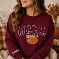 Mama Pumpkin Embroidered Sweatshirt, Retro Fall Mom Hoodie, Personalized Name Sleeve Shirt, Mama Sweatshirt, Thanksgiving Gift for Mom