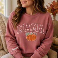 Mama Pumpkin Embroidered Sweatshirt, Retro Fall Mom Hoodie, Personalized Name Sleeve Shirt, Mama Sweatshirt, Thanksgiving Gift for Mom
