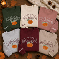 Mama Pumpkin Embroidered Sweatshirt, Retro Fall Mom Hoodie, Personalized Name Sleeve Shirt, Mama Sweatshirt, Thanksgiving Gift for Mom