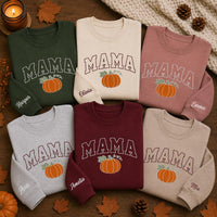 Mama Pumpkin Embroidered Sweatshirt, Retro Fall Mom Hoodie, Personalized Name Sleeve Shirt, Mama Sweatshirt, Thanksgiving Gift for Mom