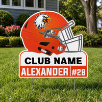 Personalized Football Helmet Yard Sign 24" x 24", Custom Name, Number, Logo Colors Outdoor Football Helmet Yard Signs with Metal Stakes