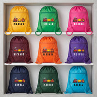 Personalized Train Drawstring Backpack, Custom Name School Cinch Bag, Kids Gym Gear Bag, Student Personalized Bag, Back to School Gift