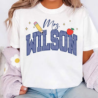 Personalized Gingham Teacher Shirt, Custom Last Name Tee, Gingham Crewneck T-Shirt, Back to School Outfit, Teacher Appreciation Gift