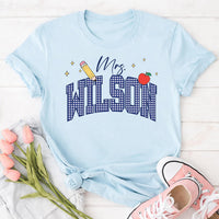 Personalized Gingham Teacher Shirt, Custom Last Name Tee, Gingham Crewneck T-Shirt, Back to School Outfit, Teacher Appreciation Gift