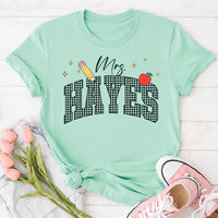 Personalized Gingham Teacher Shirt, Custom Last Name Tee, Gingham Crewneck T-Shirt, Back to School Outfit, Teacher Appreciation Gift