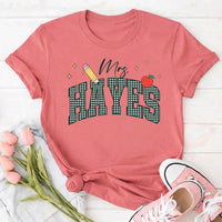 Personalized Gingham Teacher Shirt, Custom Last Name Tee, Gingham Crewneck T-Shirt, Back to School Outfit, Teacher Appreciation Gift