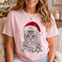 Custom Santa Hat Christmas Dog Shirt, Personalized Dog Photo Tee, Custom Pet Name Tee, Cat or Puppy Sketch Drawing, Gift for Pet Mom