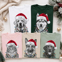 Custom Santa Hat Christmas Dog Shirt, Personalized Dog Photo Tee, Custom Pet Name Tee, Cat or Puppy Sketch Drawing, Gift for Pet Mom