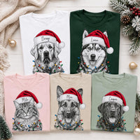 Custom Santa Hat Christmas Dog Shirt, Personalized Dog Photo Tee, Custom Pet Name Tee, Cat or Puppy Sketch Drawing, Gift for Pet Mom