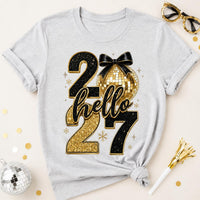 Hello 2027 Black Gold New Year Shirt, Disco Ball Bow Graphic Tee, Sparkly NYE Party T-Shirt, New Years Eve Outfit, Holiday Gift for Her