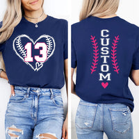 Personalized Baseball Number Shirt, Custom Name Tee, Player Number Heart T-Shirt, Baseball Mom Game Day Outfit, Sports Mom Gift, Front Back