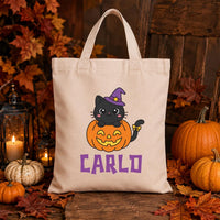 Personalized Halloween Canvas Tote Bag, Custom Name Trick or Treat Bag, Kids Candy Bag, Reusable Cotton Tote, Happy Halloween Gift