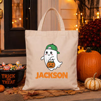 Personalized Halloween Canvas Tote Bag, Custom Name Trick or Treat Bag, Kids Candy Bag, Reusable Cotton Tote, Happy Halloween Gift