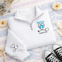 Personalized NICU Nurse Embroidered Quarter Zip Sweatshirt, Custom RN Name Sweater, Hospital Shift Pullover, Nurse Week Gift, Gift for RN