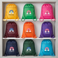 Personalized Rainbow Drawstring Backpack, Custom Name Cinch Bag, Kids School Gym Swim Sack, Student Personalized Bag, Back to School Gift