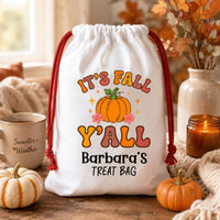 Personalized Fall Drawstring Bag, Custom Name Treat Sack, It's Fall Y'all Pumpkin Design, Autumn Gift Pouch, Reusable Keepsake for Kids