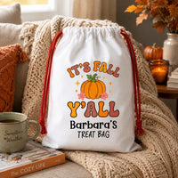Personalized Fall Drawstring Bag, Custom Name Treat Sack, It's Fall Y'all Pumpkin Design, Autumn Gift Pouch, Reusable Keepsake for Kids