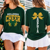 Personalized Cheerleader Shirt, Custom Team Name Cheer Tee, Front Back Bow Graphic Print, Cheer Squad Game Day Outfit, Custom Team Gift