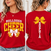 Personalized Cheerleader Shirt, Custom Team Name Cheer Tee, Front Back Bow Graphic Print, Cheer Squad Game Day Outfit, Custom Team Gift