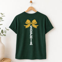 Personalized Cheerleader Shirt, Custom Team Name Cheer Tee, Front Back Bow Graphic Print, Cheer Squad Game Day Outfit, Custom Team Gift