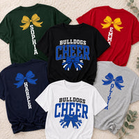 Personalized Cheerleader Shirt, Custom Team Name Cheer Tee, Front Back Bow Graphic Print, Cheer Squad Game Day Outfit, Custom Team Gift