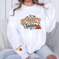 Personalized Spooky Season Sweatshirt, Custom Name Sleeve Crewneck, Halloween Party Crewneck, Retro Ghost Pumpkin Graphic, Halloween Gift
