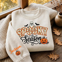 Personalized Spooky Season Sweatshirt, Custom Name Sleeve Crewneck, Halloween Party Crewneck, Retro Ghost Pumpkin Graphic, Halloween Gift