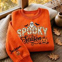 Personalized Spooky Season Sweatshirt, Custom Name Sleeve Crewneck, Halloween Party Crewneck, Retro Ghost Pumpkin Graphic, Halloween Gift