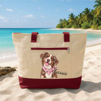 Personalized Pet Portrait Tote Bag with Zipper, Custom Dog or Cat Canvas Tote, Beach Travel Accessory, Pet Lover Canvas Bag, Gift for Her