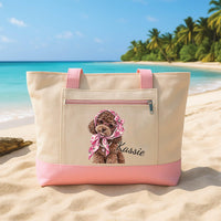 Personalized Pet Portrait Tote Bag with Zipper, Custom Dog or Cat Canvas Tote, Beach Travel Accessory, Pet Lover Canvas Bag, Gift for Her